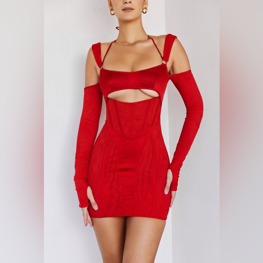 Red mesh cutout mini dress